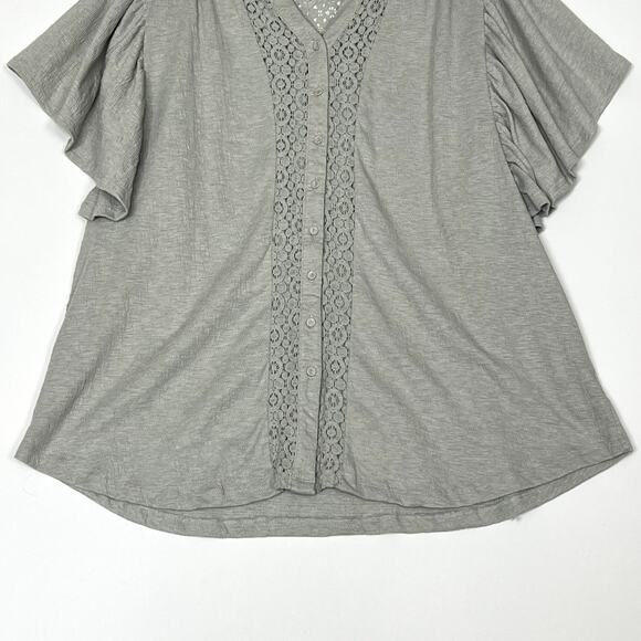 Easel Flutter Sleeve Button Up Lace Top Gray Womens Large - Picture 6 of 12